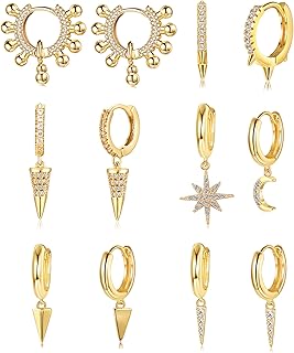 6Pairs Gold Dainty Huggie Hoop Earring for Women Moon Star Dangle Huggie Earrings Small Cute Huggie Hoop Sleeper Earrings Gifts for Her