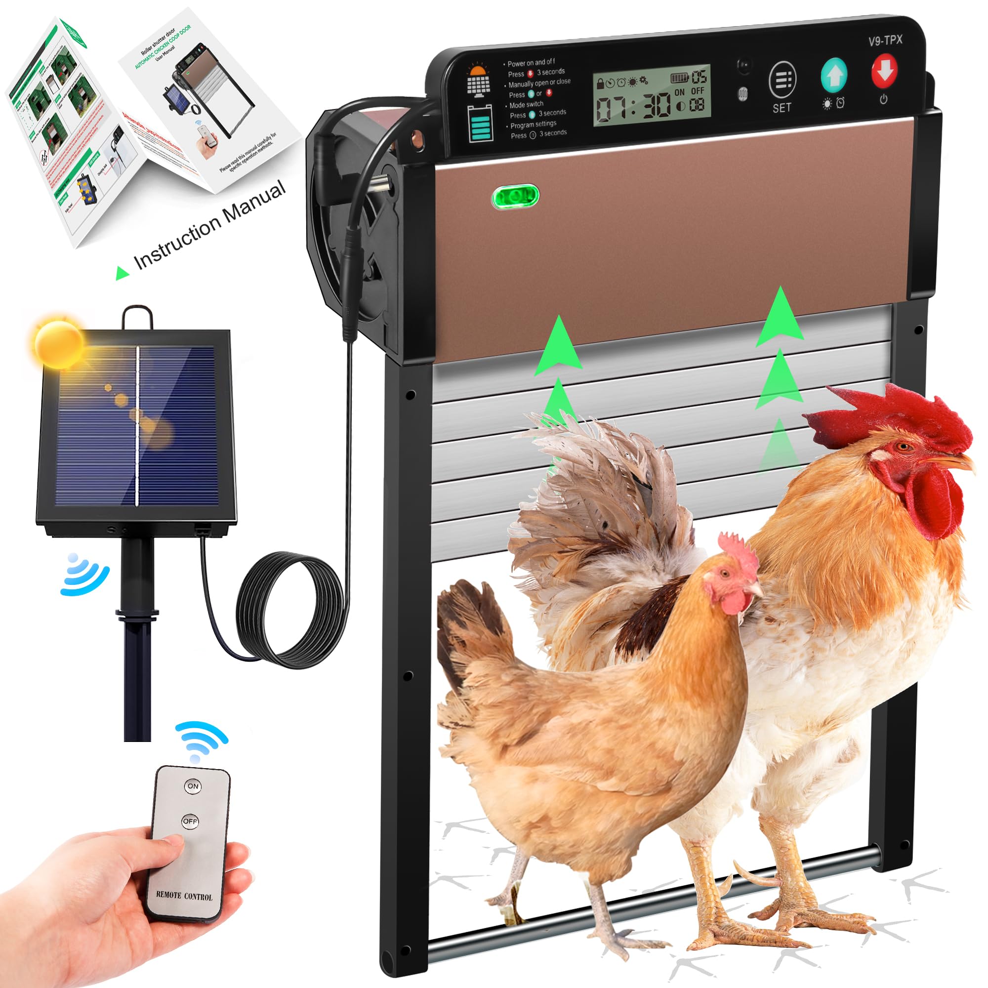 West Thorne AgriCo Automatic Chicken Coop Door Solar Powered, Anti-Trap Chicken Door with LCD Screen, Light Sensor, Timer, Remote Control, Anti-Pinch Design,for Chicken, Duck, Goose Farms