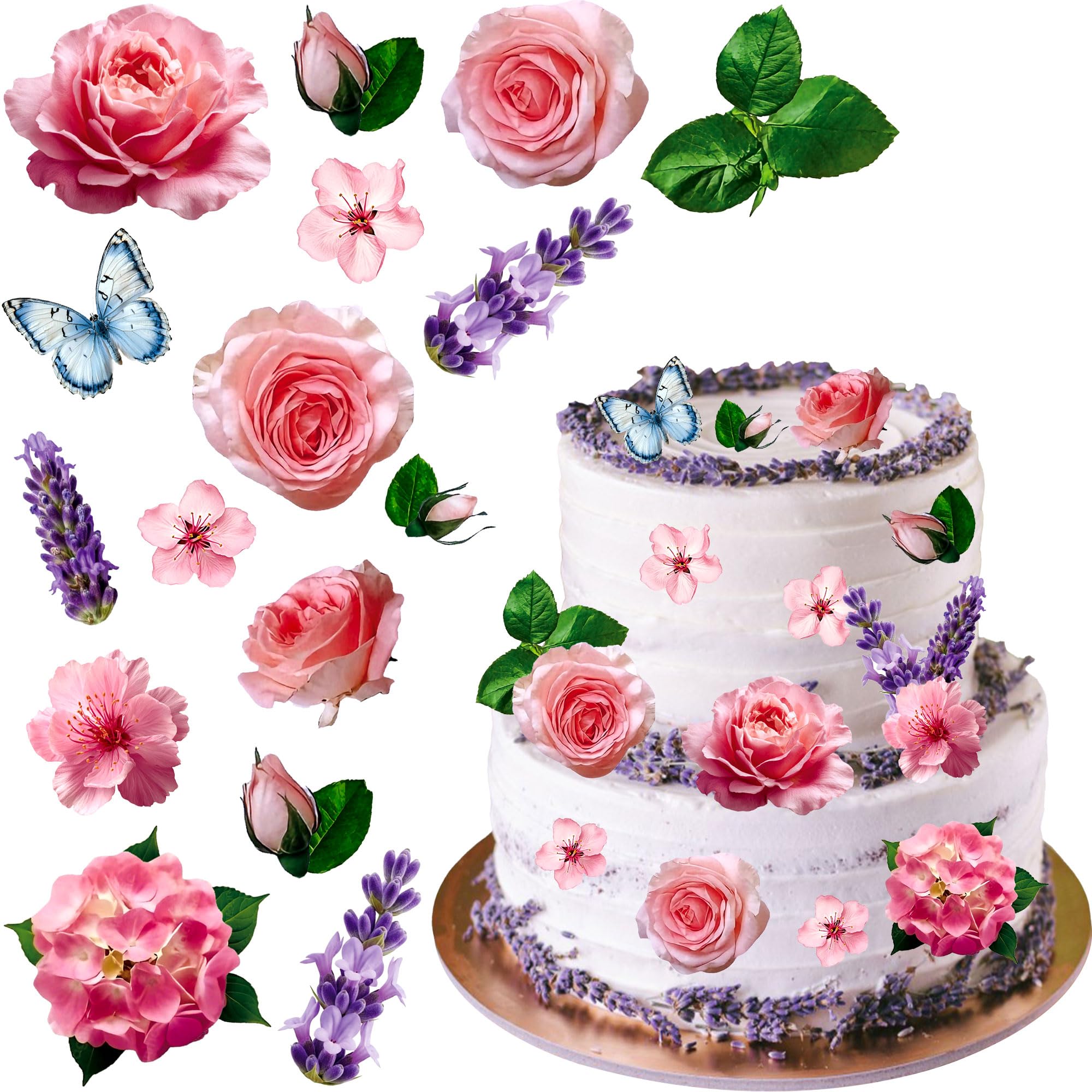 Gyufise 54Pcs Edible Flowers Cupcake Toppers Cake Decorations Wafer Paper Hawaiian Flower Leaves Cake Decor for Wedding Birthday Parties Blue Green Pink