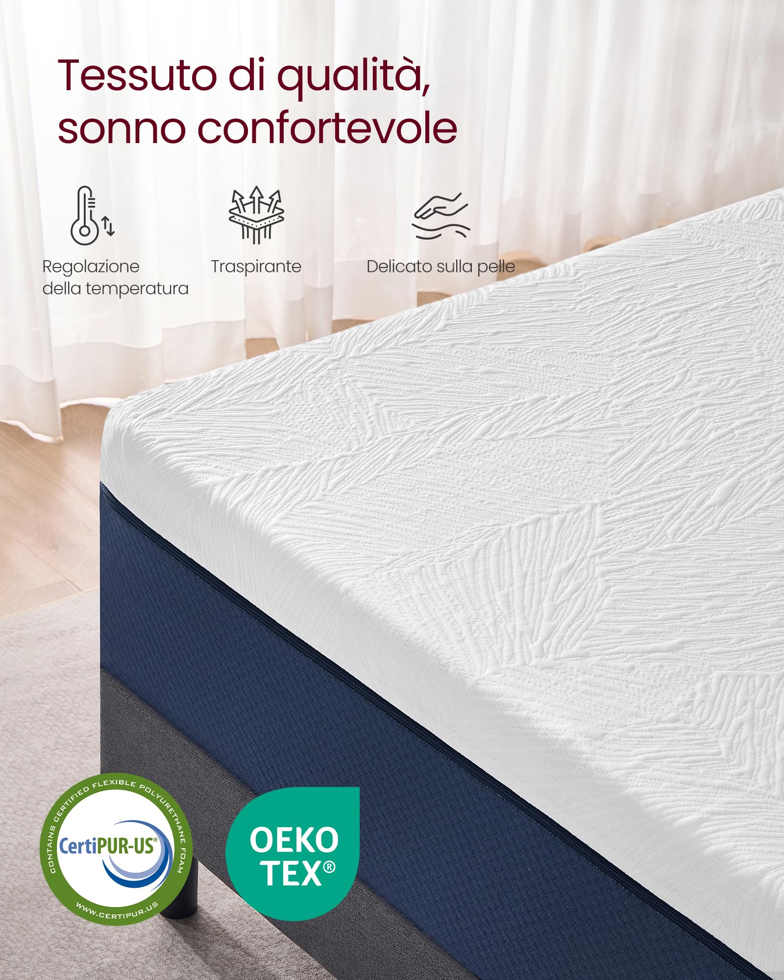 VASAGLE Materasso 160 x 190 cm, Materasso Matrimoniale, Memory Foam con Gel, Rigidità Media, 7 Zone, Rivestimento Traspirante Rimovibile e Lavabile in Lavatrice, 20 cm di Spessore, Blu RMZ129QZ01