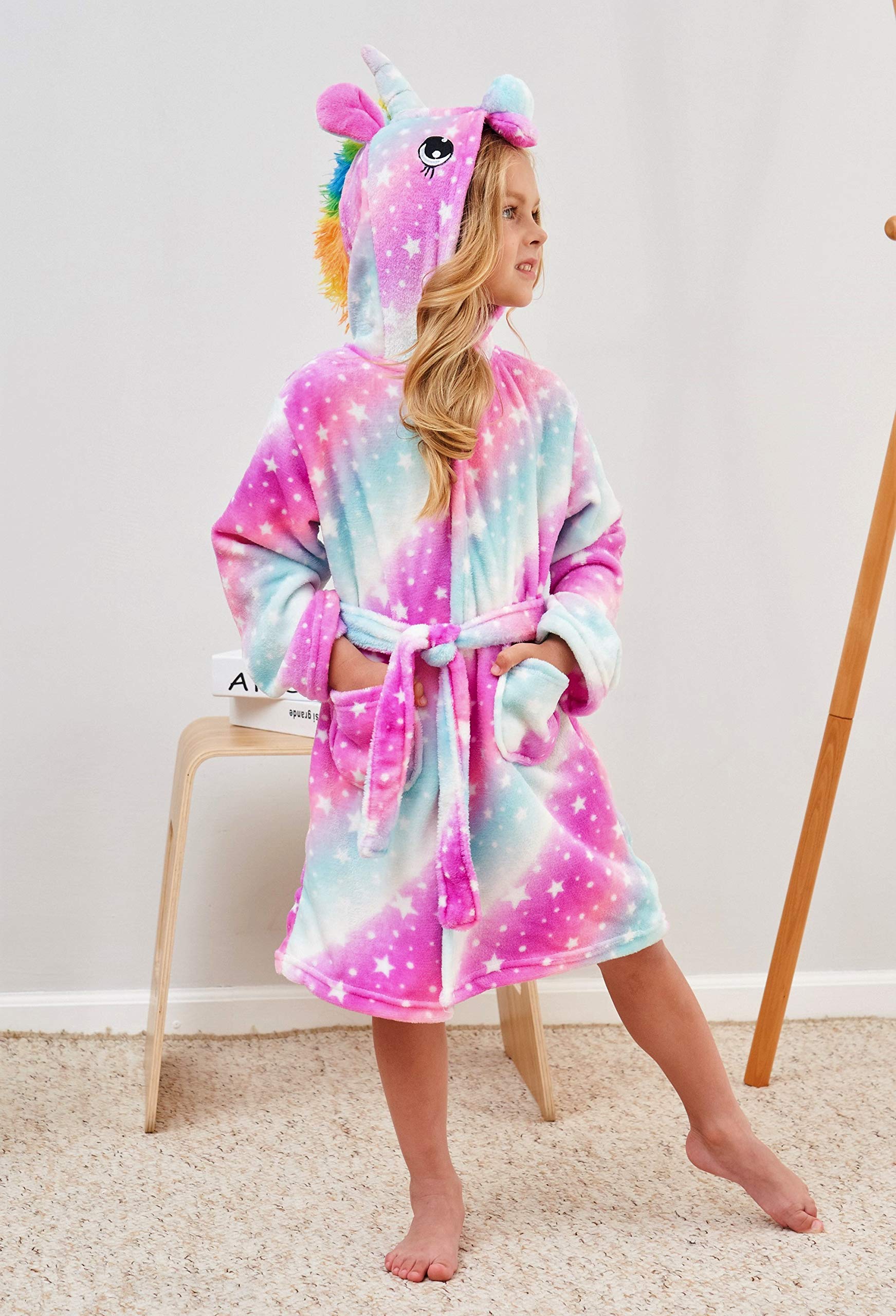 Weicher Einhorn-Bademantel mit Kapuze für Mädchen mit Einhorn-Pantoffeln, Augenbinde und Stirnband - Geschenke für Mädchen