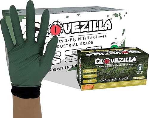 GLOVEZILLA Guantes industriales de nitrilo de 2 capas de 8.5 milésimas de pulgada de grosor, desechables, resistentes a desgarros, textura de