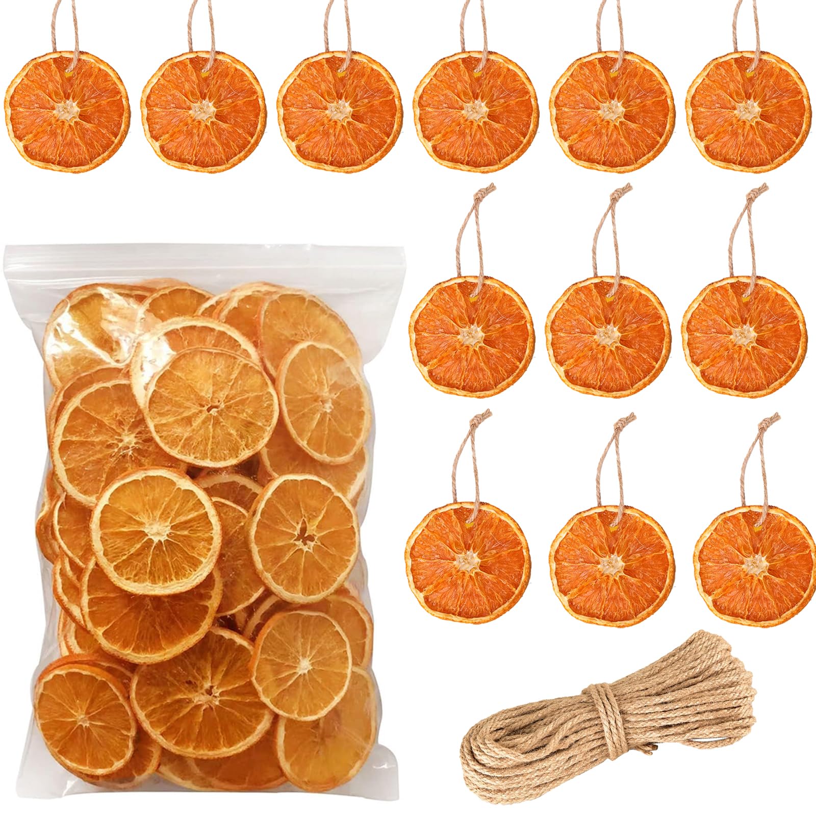 Dried Orange Slices Decoration, Pack of 50 Dried Orange Slices and 50 Pieces Hemp Rope for Advent Wreath Decoration, Christmas Wreath Decoration