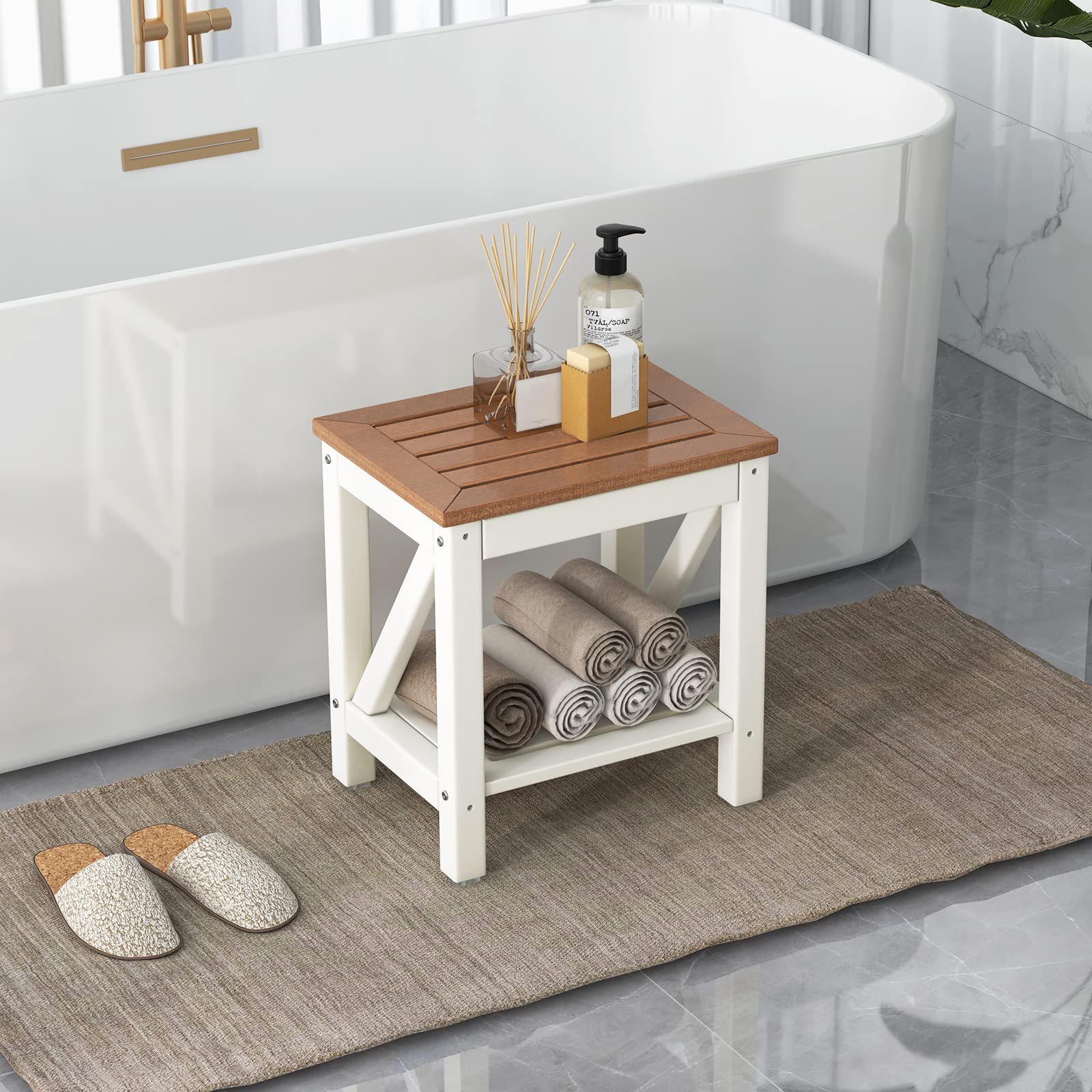 COSTWAY Taburete de Ducha de Esquina, Banco Impermeable de Baño con Estante de Almacenamiento de Madera, Asiento Bañera Adulto para Ducha para Uso en Interiores y Exteriores (Diseño 3)