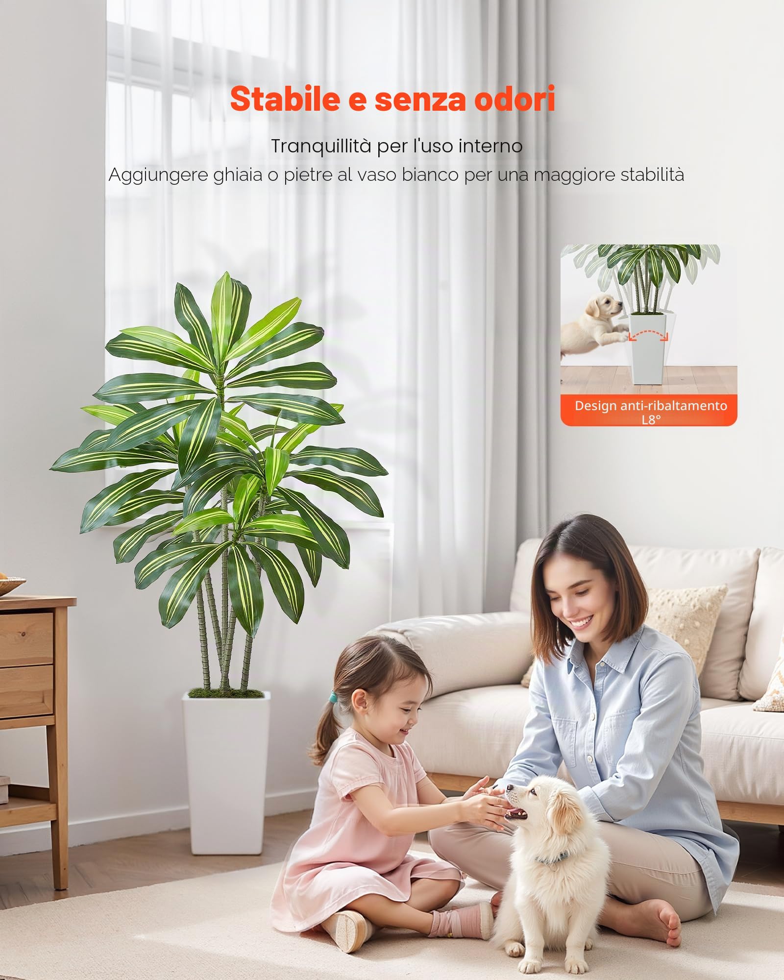 VEVOR Dracena Artificiale 1524 mm, Palma Tropicale Finta con Vaso Alto Bianco, Pianta Finta in Seta da Pavimento in Vaso, Grandi Alberi per Casa, Ufficio, Soggiorno, Decorazione Interna ed Esterna