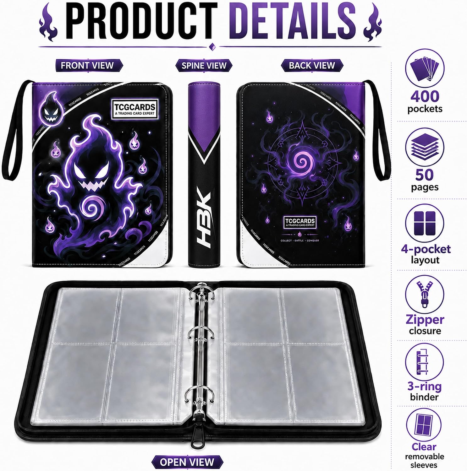 HBK 400 Pockets TCG Card Binder, PU Leather Card Holder (Ghost) image 2
