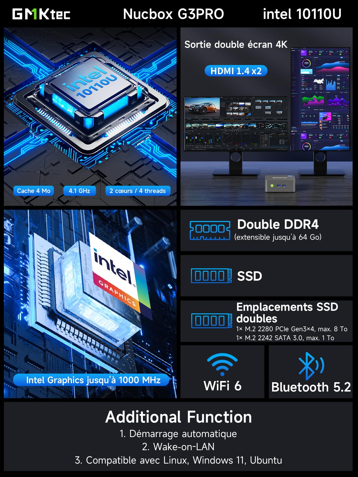 GMKtec G3 Pro Mini PC Intel i3-10110U 16Go DDR4 RAM 512Go SSD WiFi6 BT5.2 2.5G LAN