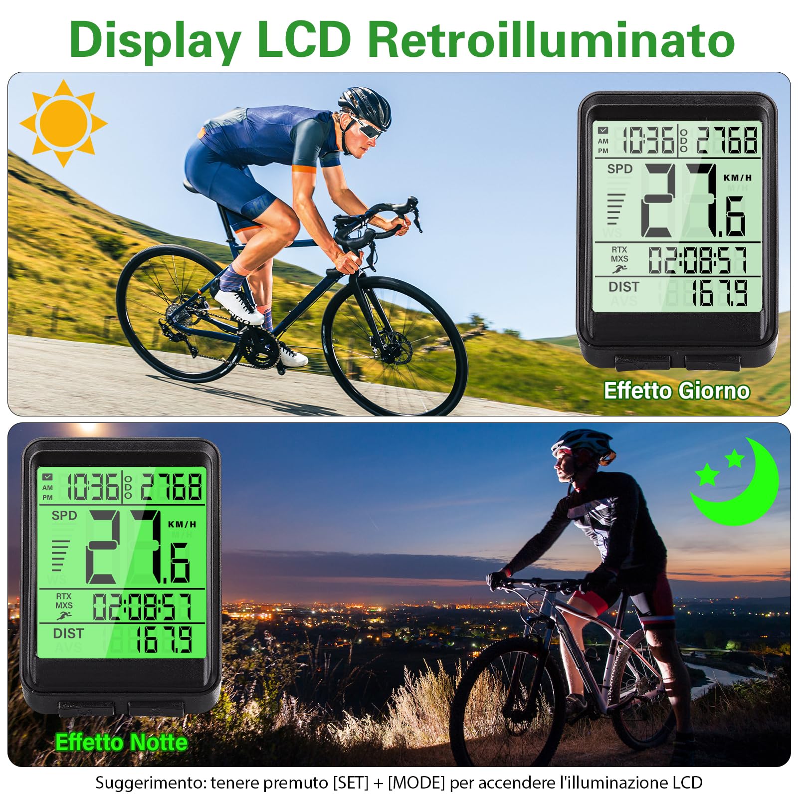 BOOTEEK Contachilometri Bici Senza Fili,2.4 Pollici Multifunzionale Impermeabile Contachilometri Bicicletta con LCD Display Retroilluminato,Computer Bici per Distanza di Tracciamento,Velocità,Timer