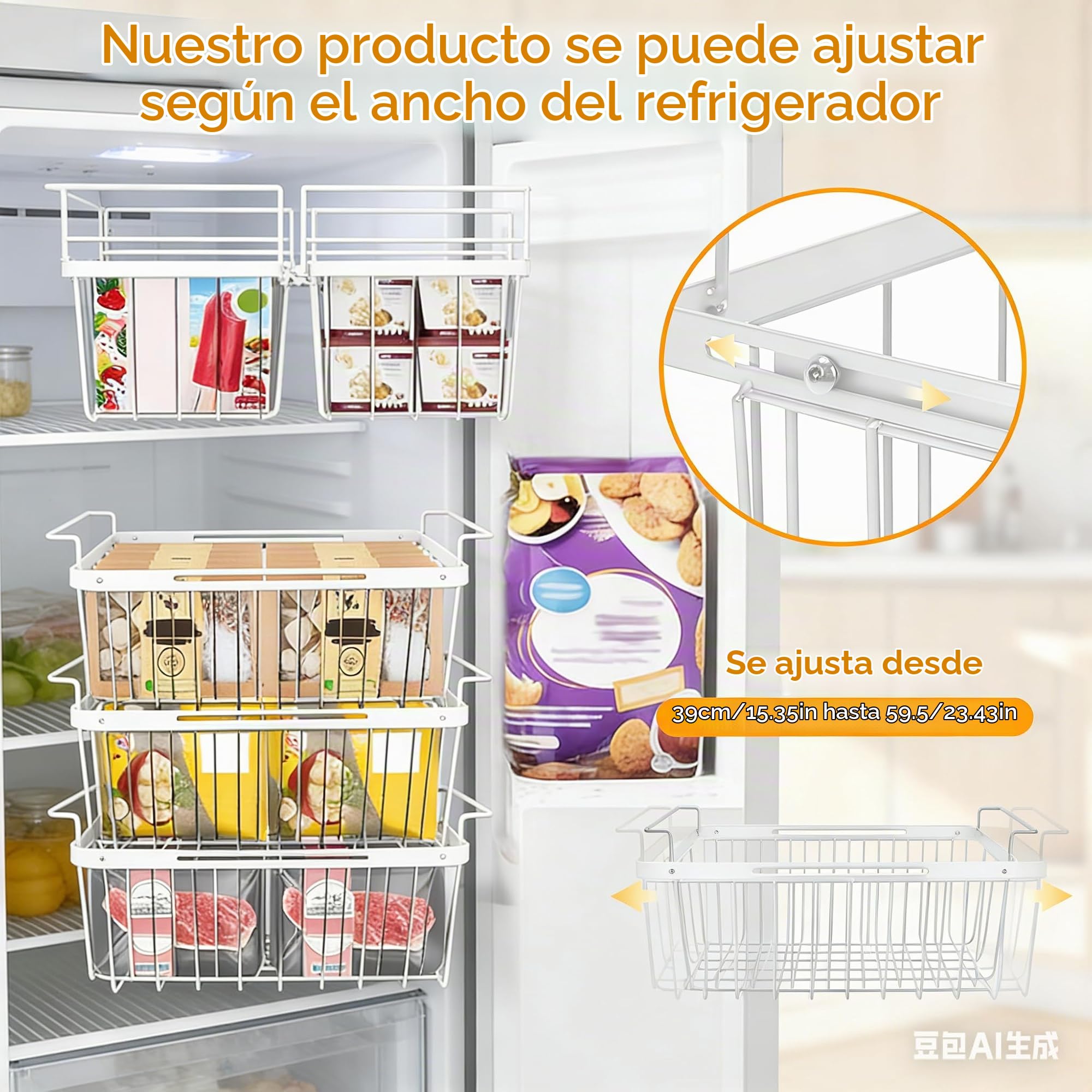 mumisuto Paquete de 2 Cestas Para Congelador,Cajas de Almacenamiento de Congelador con Asa,Cestas Colgantes Apilables Extensibles Alimentos Organizador Nevera para Cocina,39-59.5*17.5*17CM (Blanco)