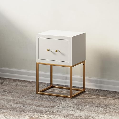 Miniatura 8 de LONYKE Juego de 2 mesitas de noche modernas de 1 cajón, mesa auxiliar minimalista con amplio cajón de almacenamiento y patas de metal dorado, para