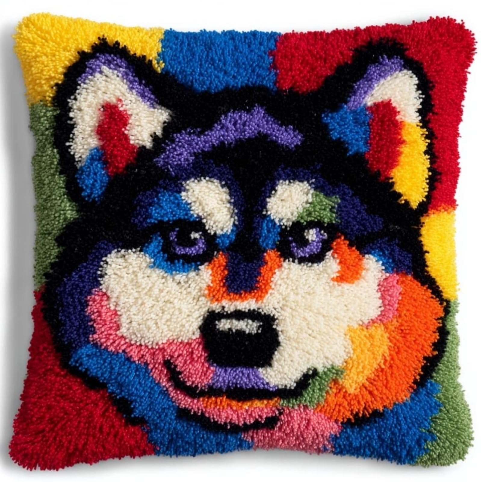 Henypt Latch Hook Craft Cushion Kit 43x43cm,Animal Wolf Pillow Cover Needlework for Bedroom Lounge,Easy to Make Starter Set for All Ages