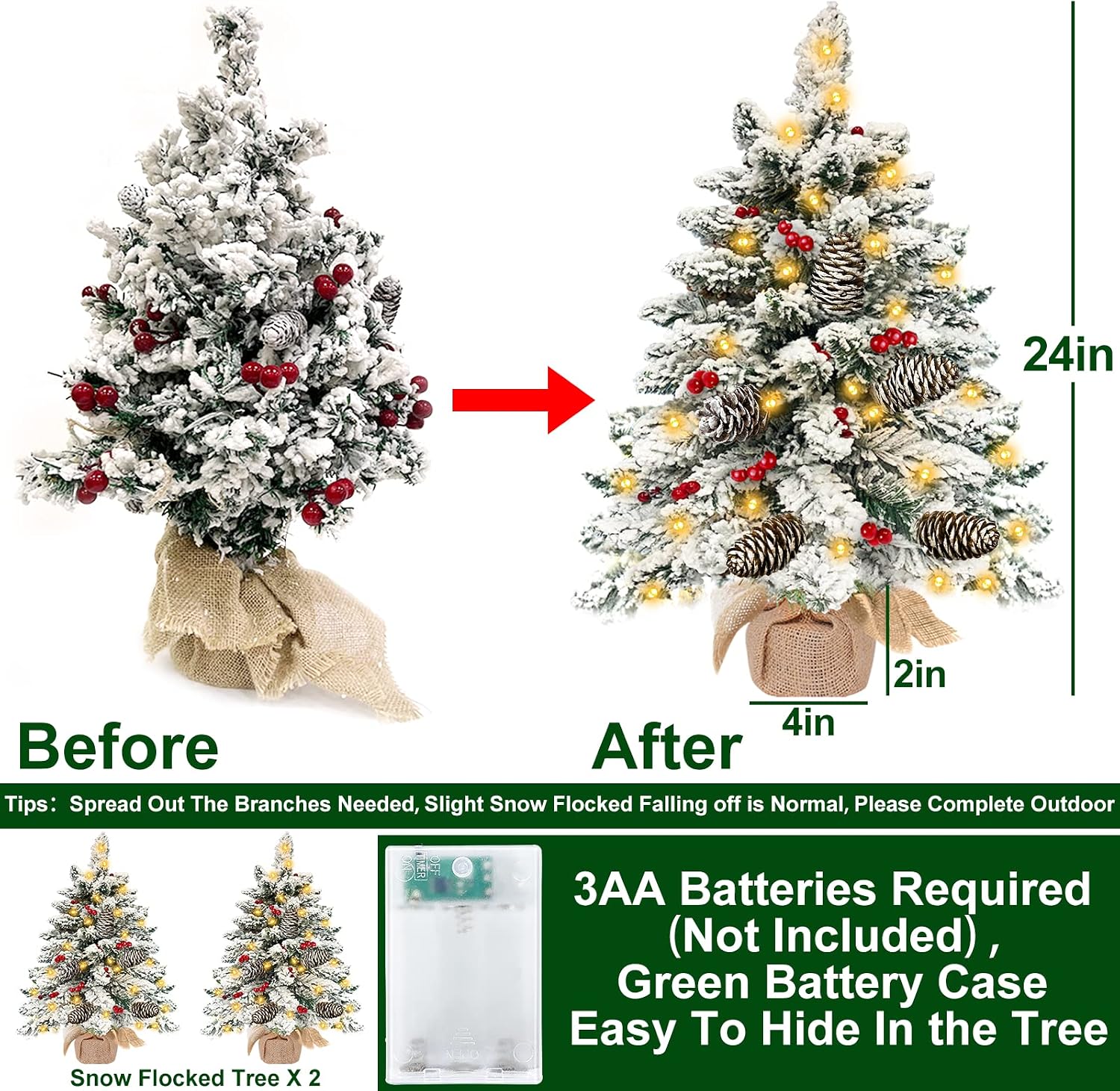 [ Super Thick & Snow Flocked ] 1 Pack 2Ft Prelit Christmas Tree Tabletop Decorations 50 Lights Timer Battery Operated Artificial Xmas Tree with Pine Cones Red Berry Christmas Decor Home Indoor