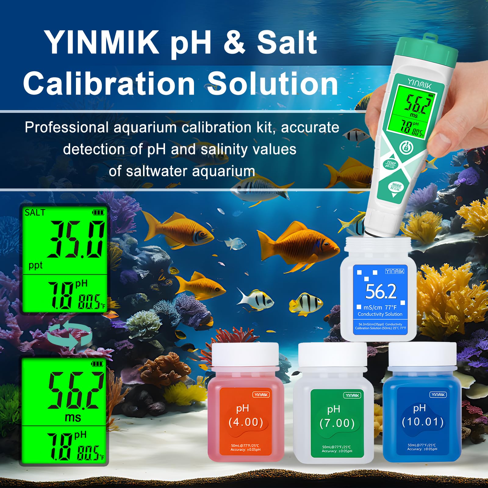 YINMIK pH Buffer Solution, 56.2mS/cm Conductivity Solution, 35.0 PPT Salinity Calibration Liquid, Salt Calibration Solution for Salt Meter of Tank, pH 4.00 7.00 10.01 Calibration Packets for pH Meter