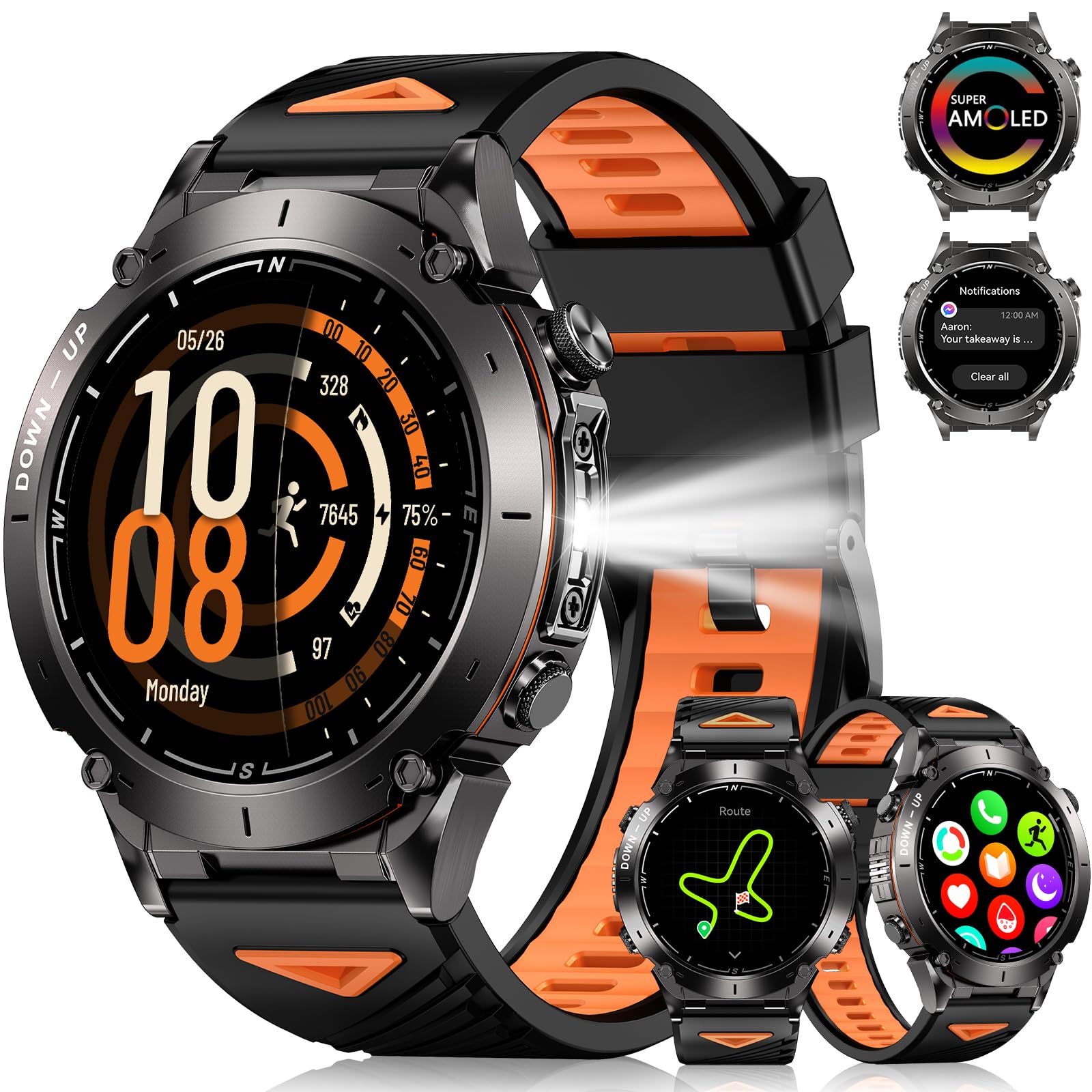 Military Smart Watch for Men with GPS, Compass, 730mAh Battery, Flashlight, 1.43'' AMOLED, 3ATM Waterproof, Bluetooth Calls, 170+ Sports Modes, Heart Rate/Sleep/SpO2, Compatible with Android iPhone