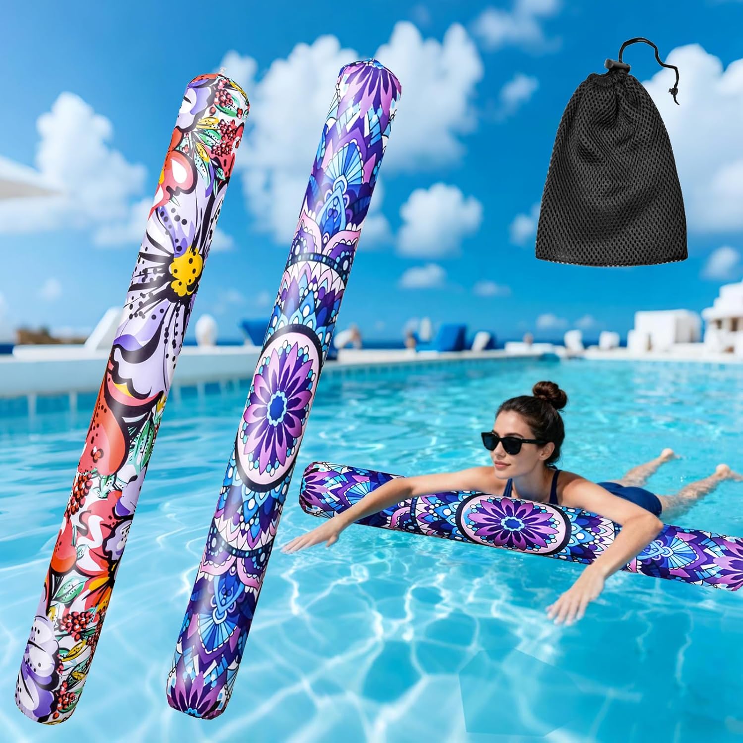 2 Pack Inflatable Swim Pool Noodles, Soft Fabric Covered Large Swim Noodles, Premium Buoyancy for Swimming Floating