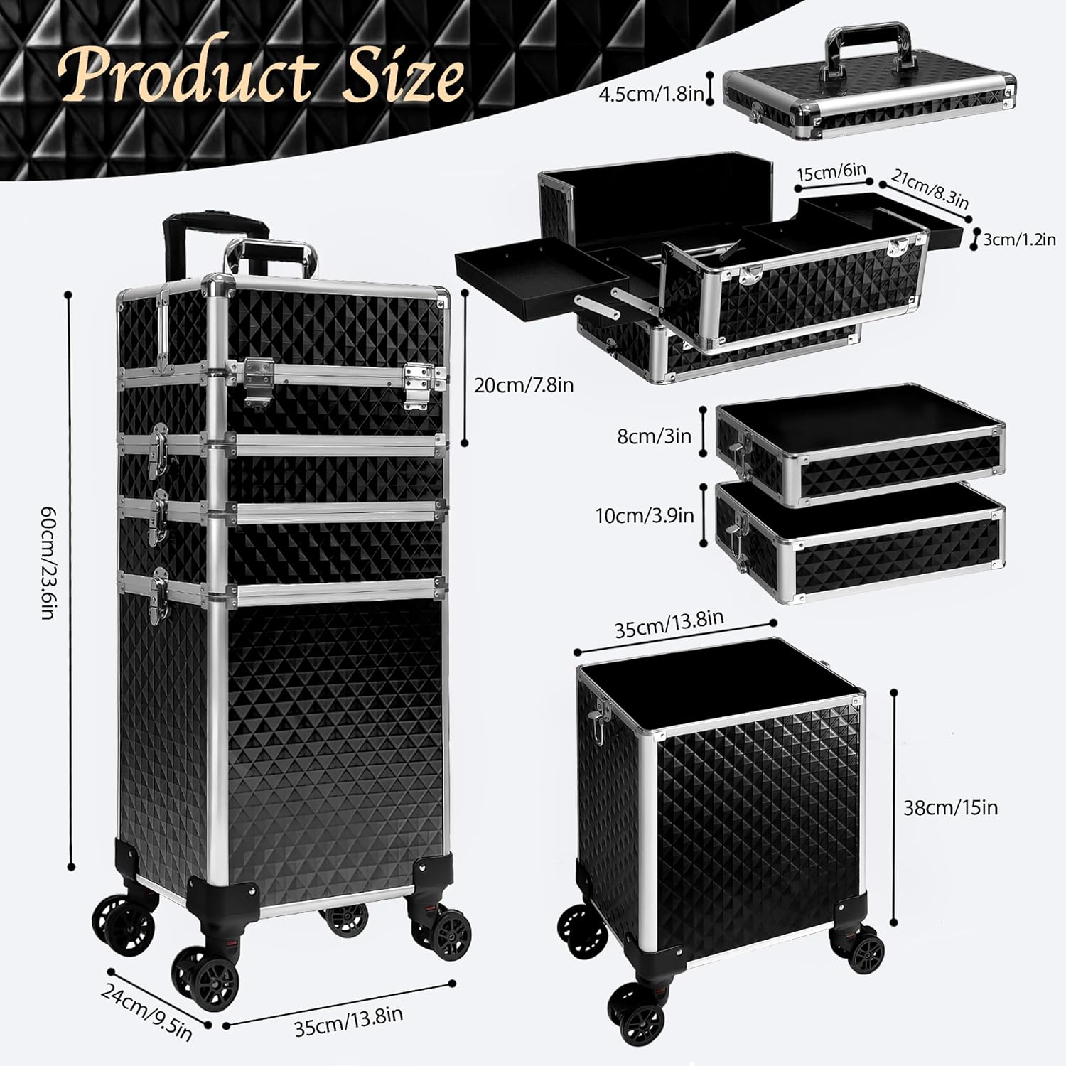 5 in 1 Rolling Makeup Train Case Professional Cosmetic Trolley Large Storage Organizer on Wheels for Hairstylist Artist Nail Beauty Salon Barber Black