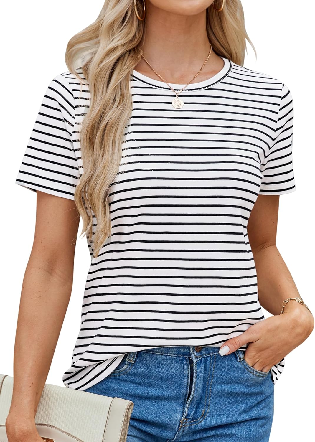 LilyCoco Women's Short Sleeve Striped Shirt Summer Crewneck T Shirt Basic Tops - Image 6