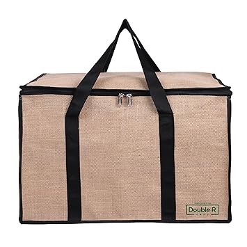 DOUBLE R BAGS Large Jute Storage Bag for Clothes, Toys, Bedding & Blankets – 70L, 1 Compartment, Moisture-Proof Organizer with Zip & Handle (55.5x38x38 cm, Beige, Pack of 1)