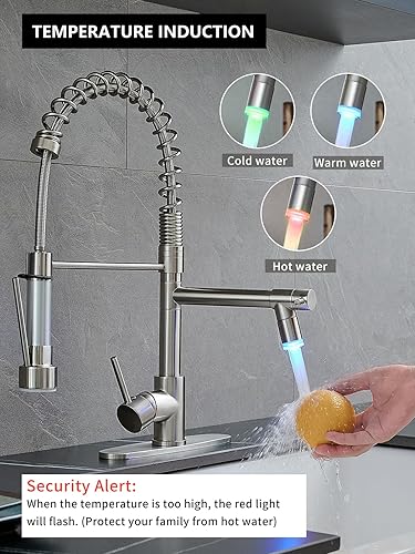 Miniatura 2 de AIMADI Grifo de fregadero de cocina con LED, grifo de cocina de níquel cepillado de acero inoxidable de una sola manija con placa de cubierta,