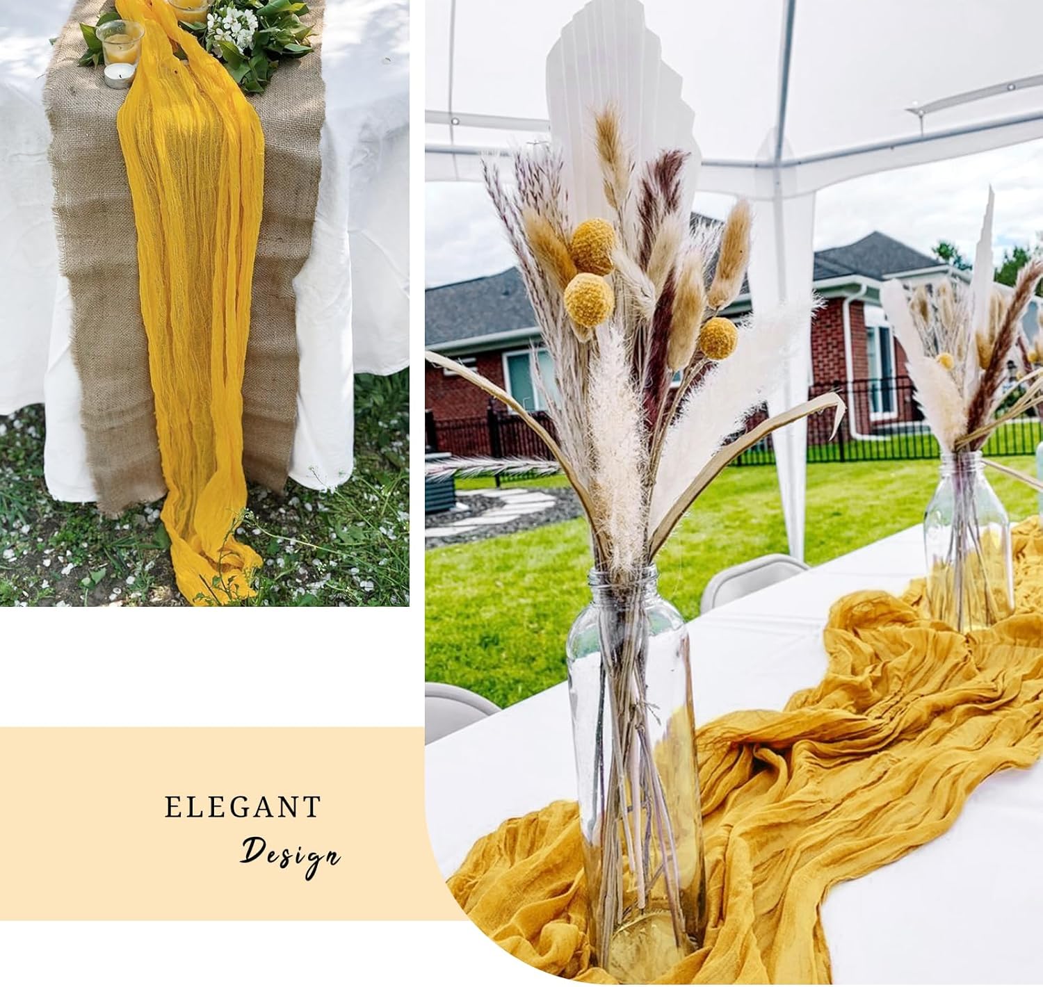 24 Pack Mustard Cheesecloth Table Runner 10FT, Boho Gauze Table Runner Long Romantic Sheer Fabric Cheese Cloth Table Runners for Wedding Bridal Shower Party Spring Easter Decor(21.5x157Inch)