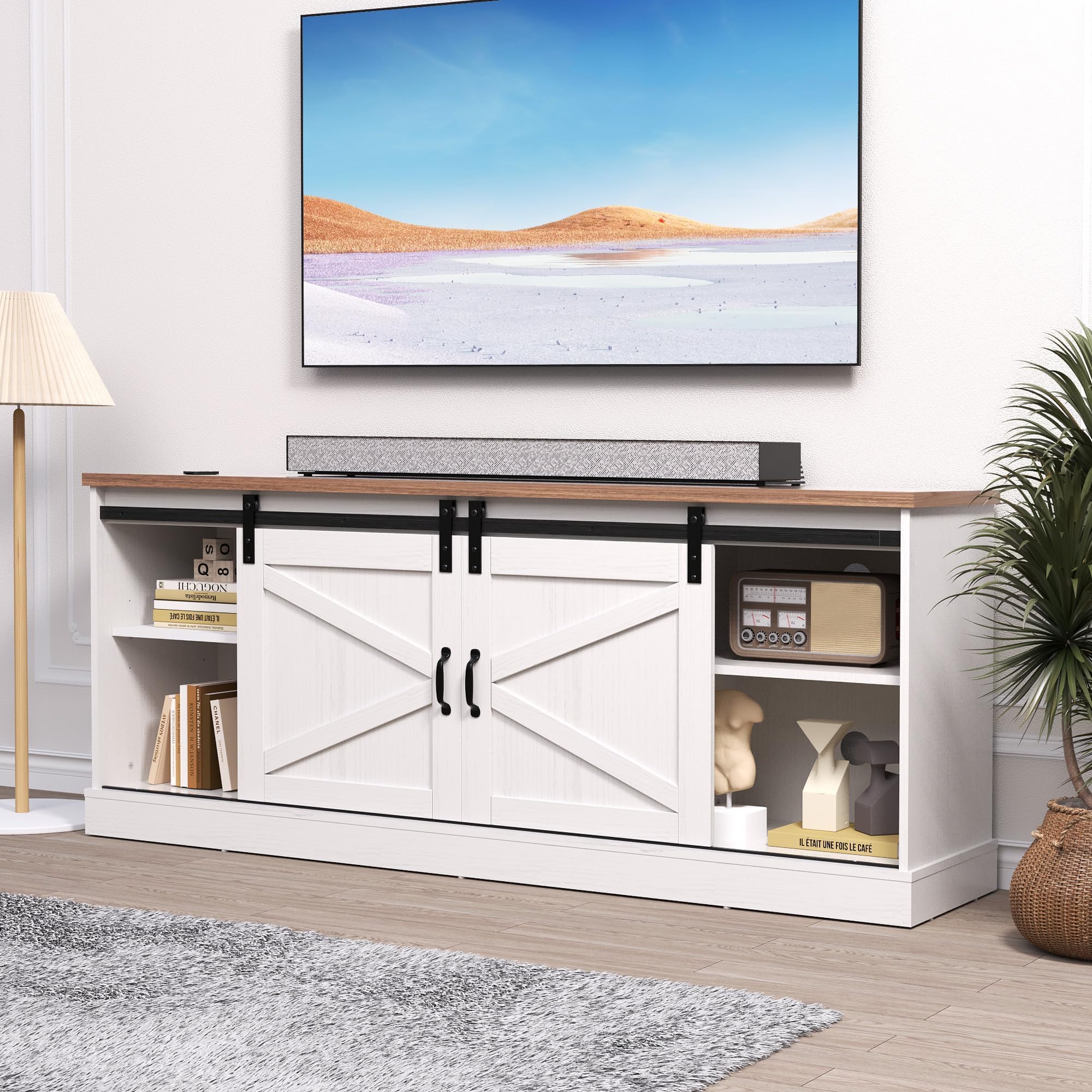 Gotland TV Stands for Living Room, Entertainment Center for TV up to 80โโ, Large Sturdy TV Console with Adjustable Shelf Sliding Barn Doors Storage Cabinet, Farmhouse TV Stand for Bedroom, White