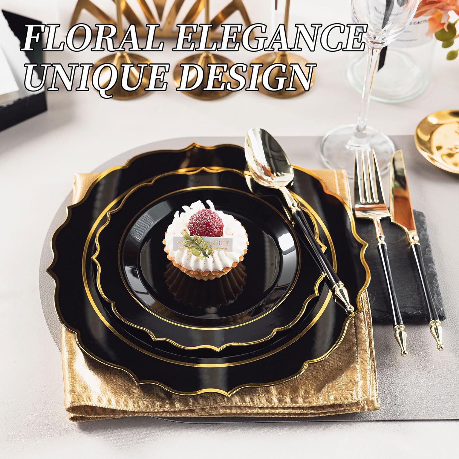120PCS Black Plastic Plates, Disposable Elegant Party Plate with Gold Rim, Heavy Duty 60 Dinner and 60 Dessert Fancy Plates for Party and Wedding - Image 3