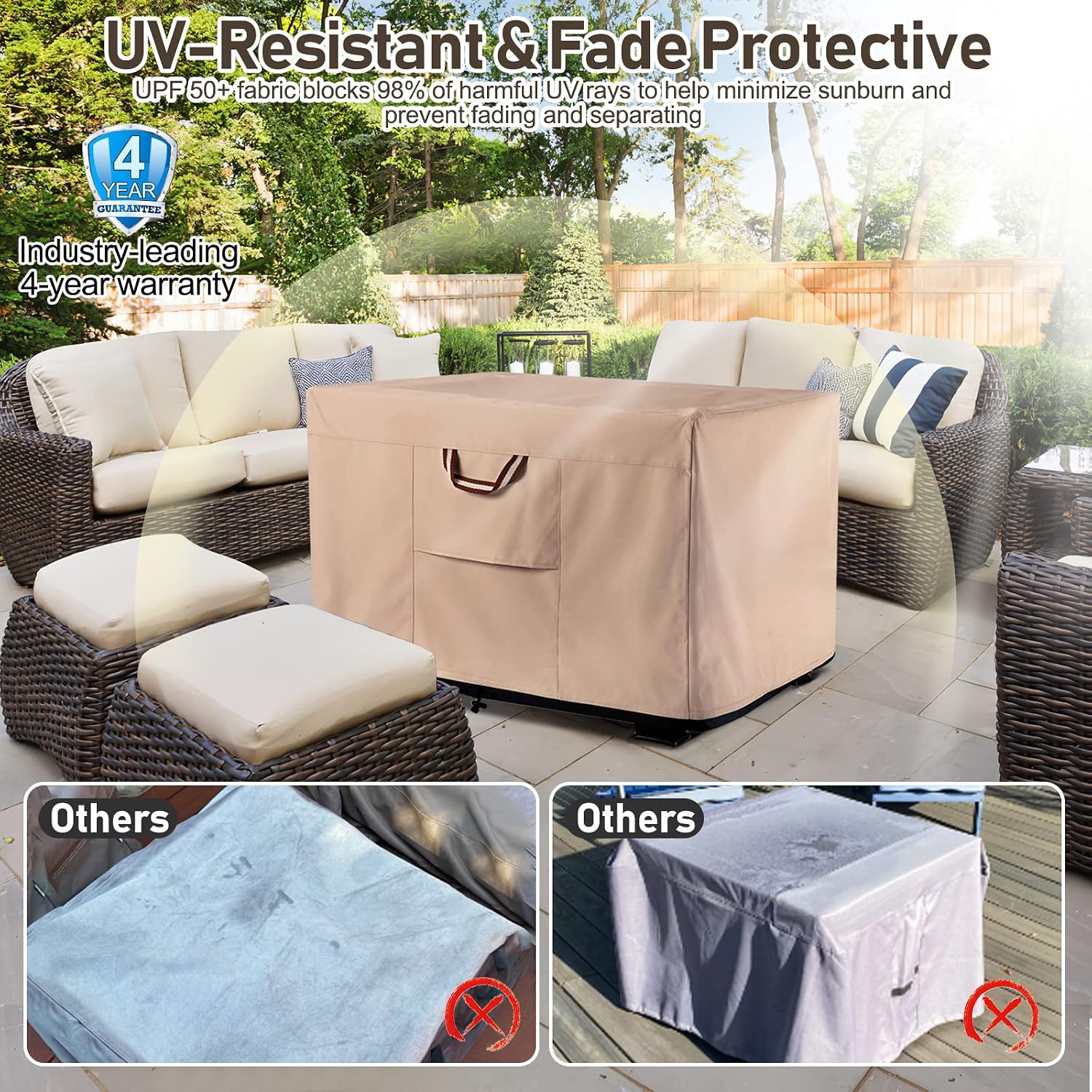 Fire Pit Cover Square - 28 Inch Heavy Duty 900D Strong Tear-Resistant and UV Resistant and Waterproof and Fading Resistant Material Polyester Firepit Covers Square for Outdoor Fire Pit Table - Wheat