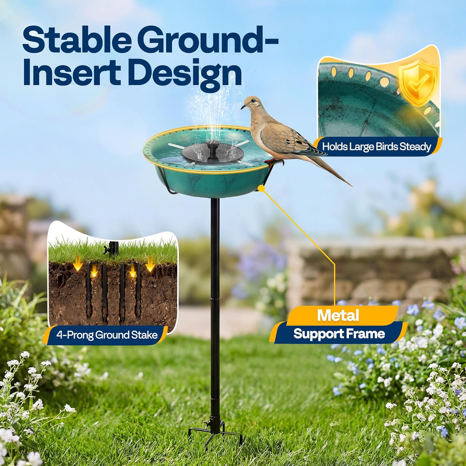 VIVOHOME Bird Bath with Solar Fountain for Outside, Weather-Resistant ABS Birdbath Bowl with Solar Powered Pump, Metal Ground Stake for Outdoor, Garden, 1.45 Gallons, Green
