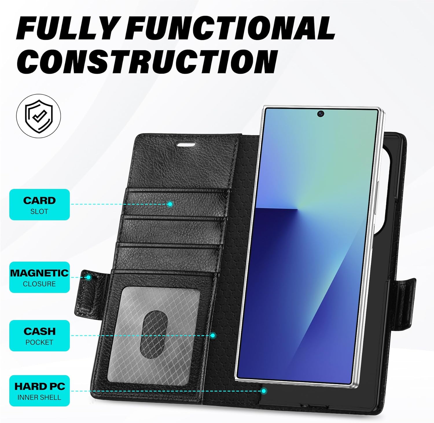 TUCCH Case Wallet for Galaxy Z Fold 7, [Kickstand] [RFID Blocking] 4 Card Slots, PU Leather PC Cover, Black