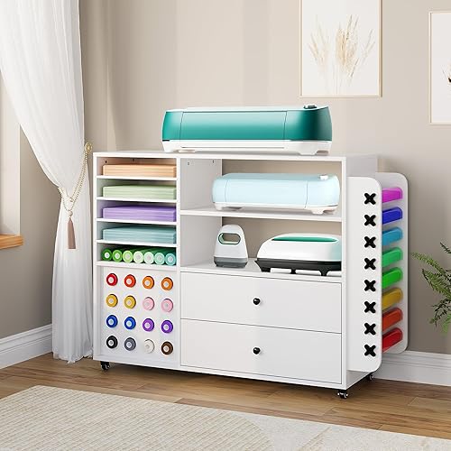 Craft Cart for Cricut Storage Organization, 42'' Rolling Craft Cabinet with 24 Vinyl Roll Holder and 2 Large Drawers Compatible with Cricut Machine White