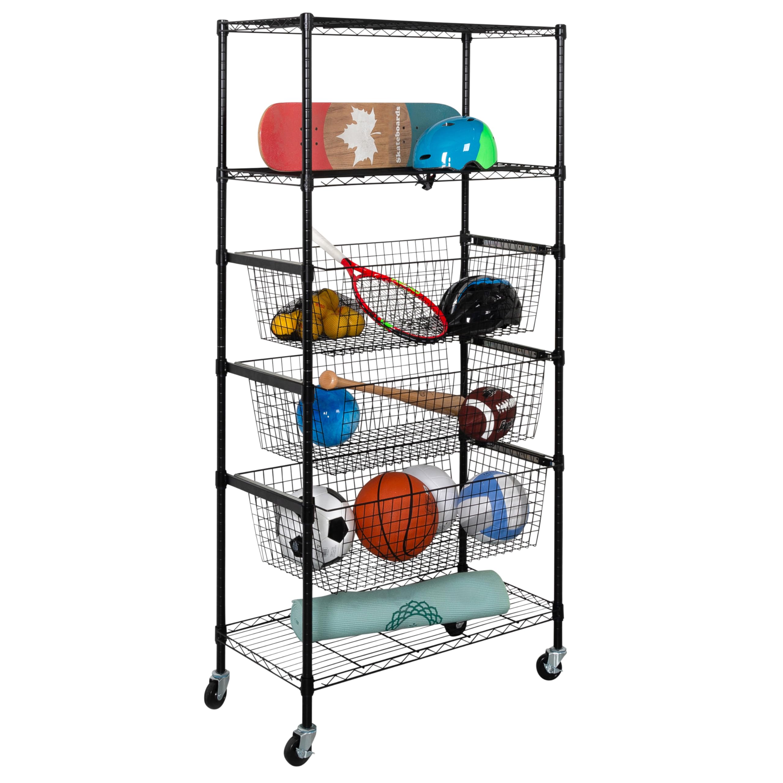 Estantería de Almacenamiento Ajustable de 3 estantes, Resistente (200 Libras por Estante), Organizador de Acero con 3 cestas extraíbles (40 Libras por Cesta), Negro, 35.6 Pulgadas de Largo x 17.9