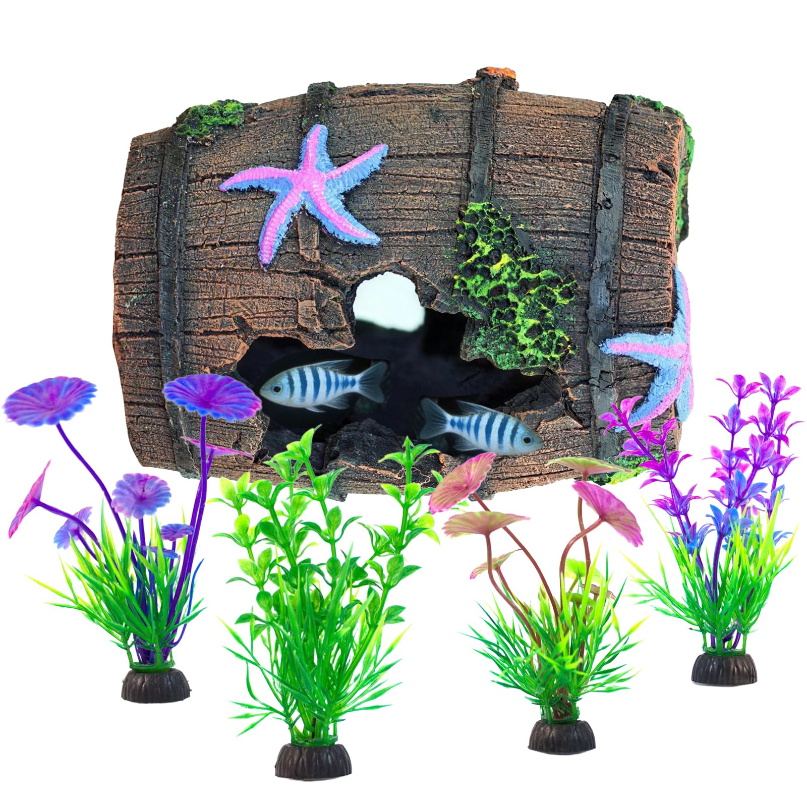 pozuauoa 5 Pcs Fish Tank Accessories Ornaments, Fish Tank Decorations Broken Barrel Cave Decoration, Biomimetic Plants Ornaments, Suitable for Shrimp and Small Fish to Hide and Rest