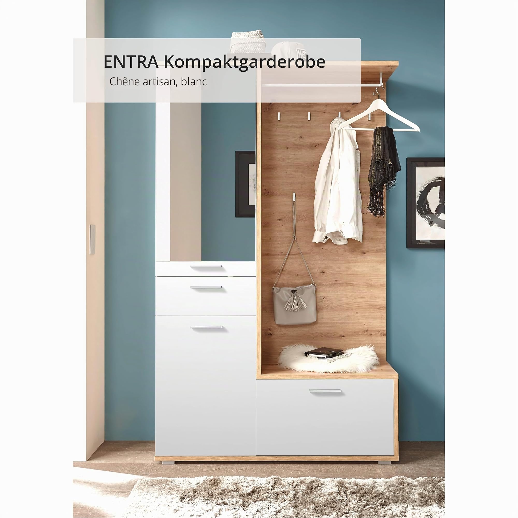 Stella Trading Entra Ensemble de vestiaire d'entrée en Aspect chêne Artisan, Blanc - Vestiaire Compact stylé avec Miroir pour Votre entrée - 117 x 198 x 38 cm (L/H/P)