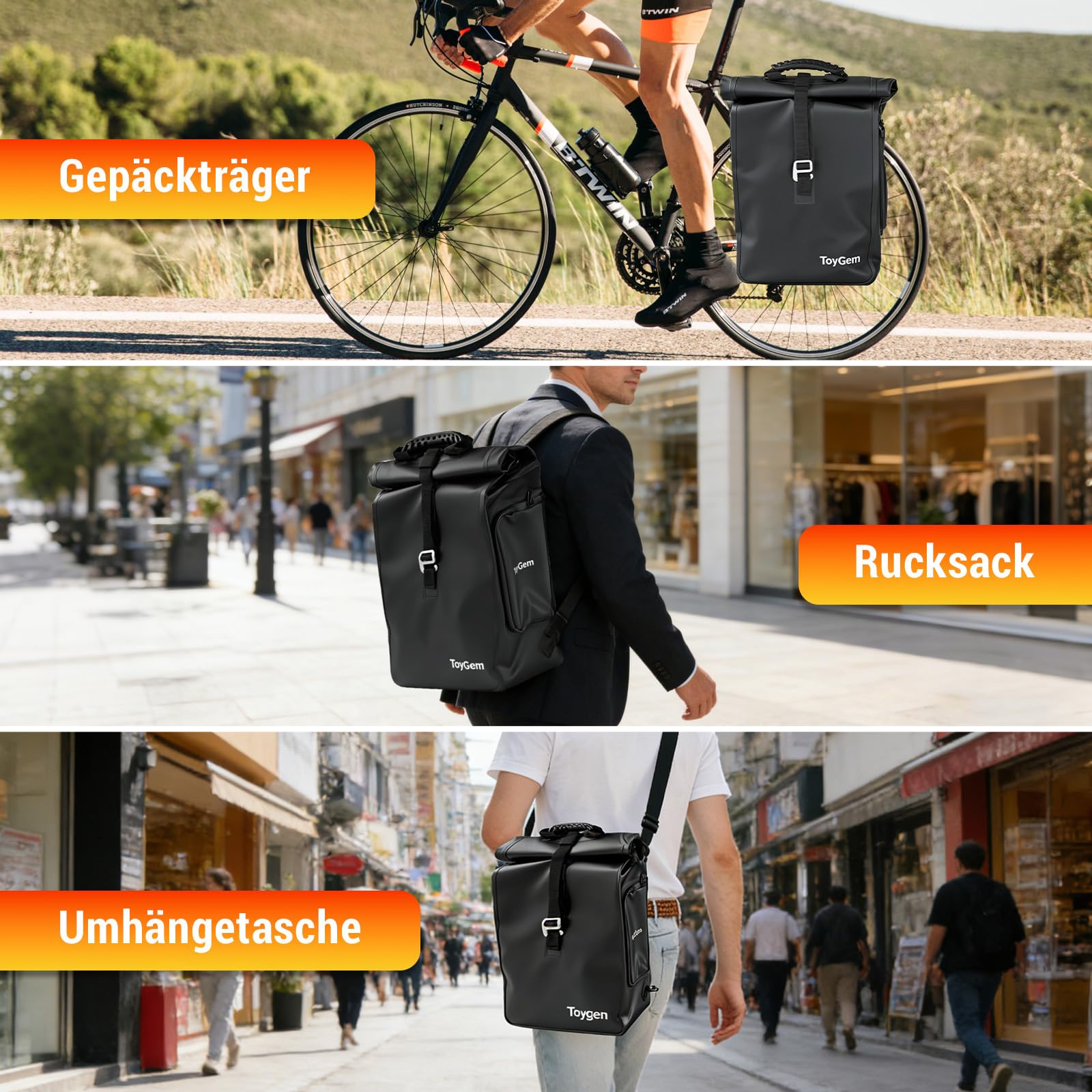 Fahrradtasche für Gepäckträger 29L, 3-in-1 Fahrradtaschen Wasserdicht als Rucksack & Umhängetasche, Gepäckträgertasche mit Laptopfach und Reflektoren