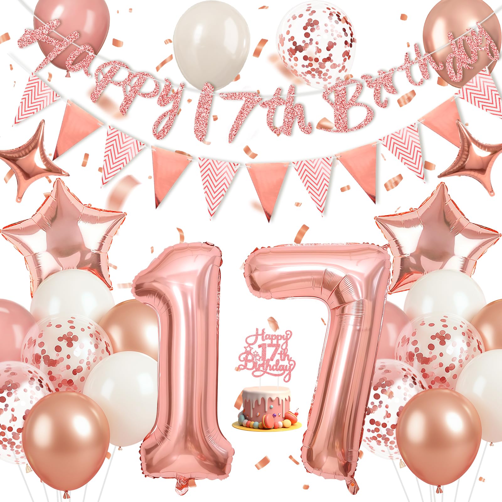 Happivue 17th Birthday Decorations, Sweet Balloons Party Decoration for 17th Girls, Pink Balloon With Happy 17 Birthday Banner, Cake Toppers and Triangle Flags, 17 Rose Gold Party Decoration for Her โ image 1