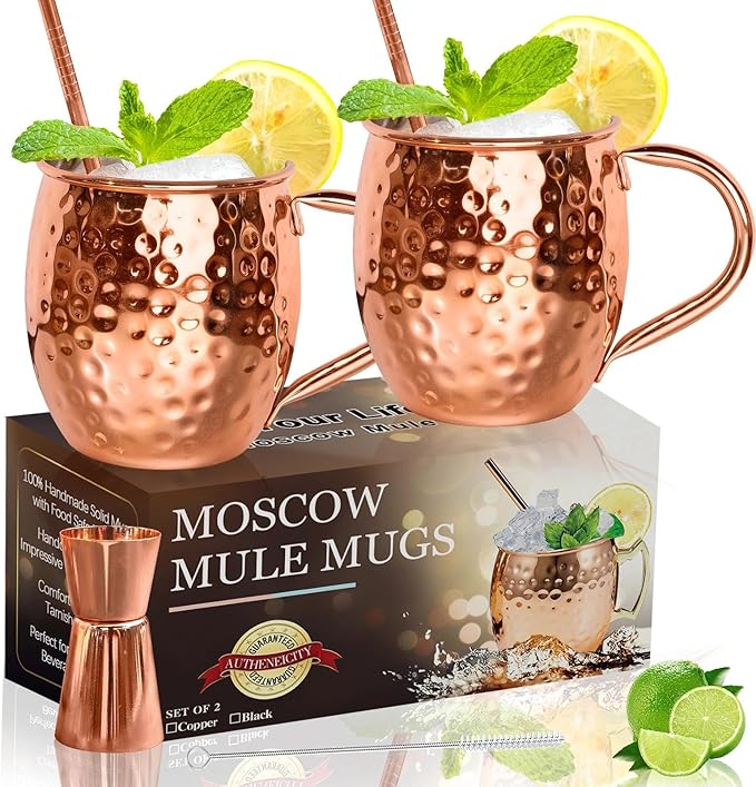 LINALL Moscow Mule Copper Mugs- Set of 2 Copper Plated Stainless Steel Mug 18oz, for Chilled Drinks (2 pcs)