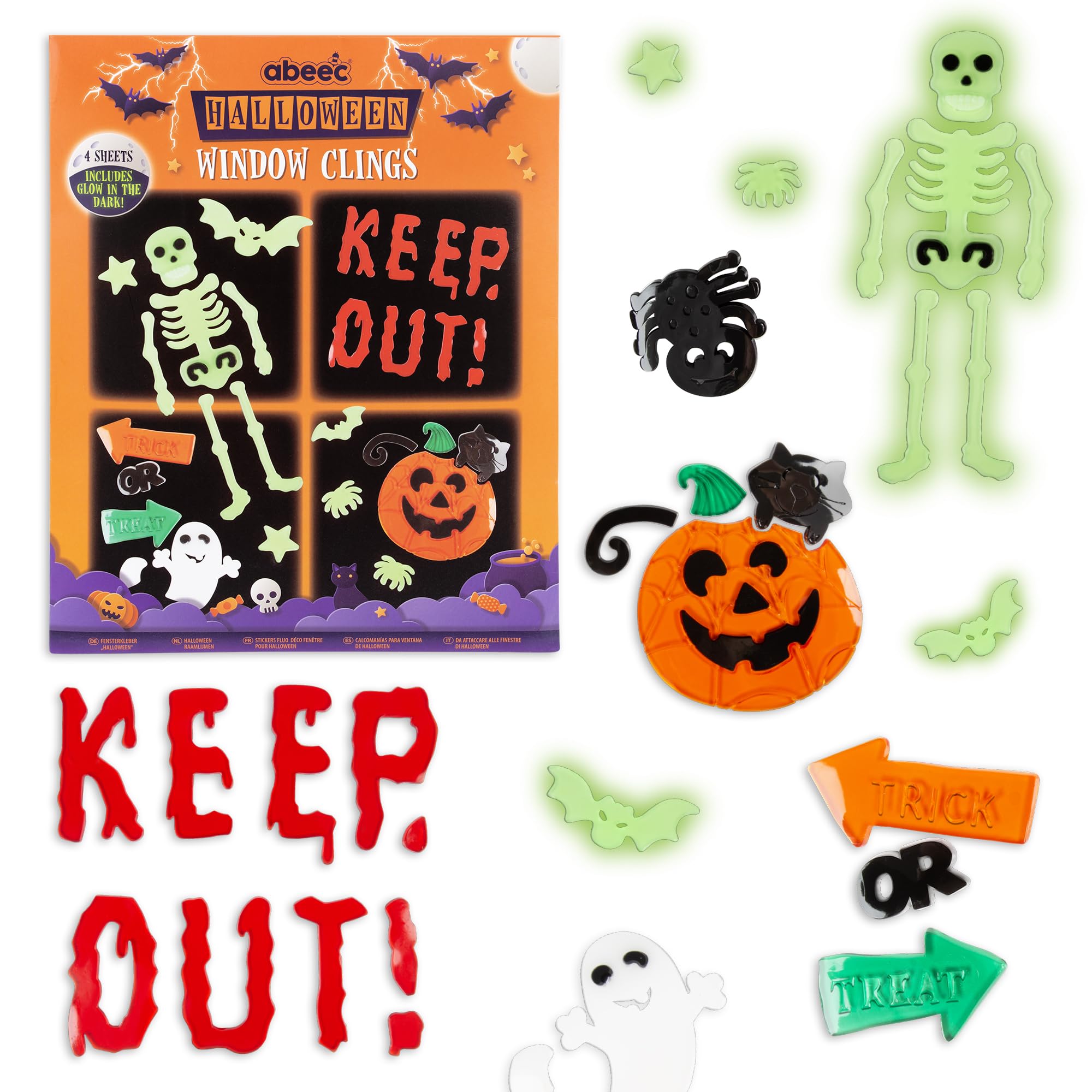 Abeec Mixed Halloween Window Clings – Glow In The Dark Stickers For Kids – 4 Reusable Sheets With Skeleton, Pumpkins & Ghosts – Easy Gel Decorations For Spooky Windows At Halloween Parties & Home Décor