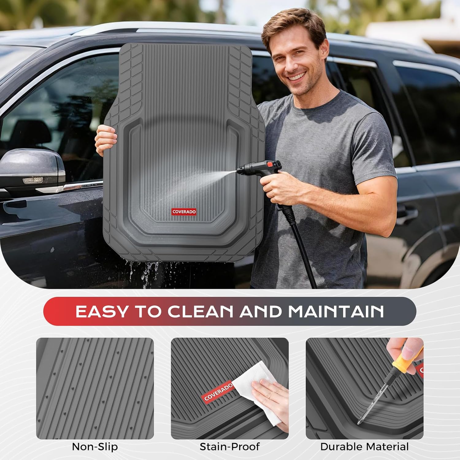 Coverado Heavy Duty Car Floor Mats, Deep Dish Car Mats Full Sets, Durable Waterproof Floor Mats, Trim to Fit Automotive Mats, Universal Car Accessories for Cars SUV Trucks Sedans Vans, Gray, 3pcs - Image 3