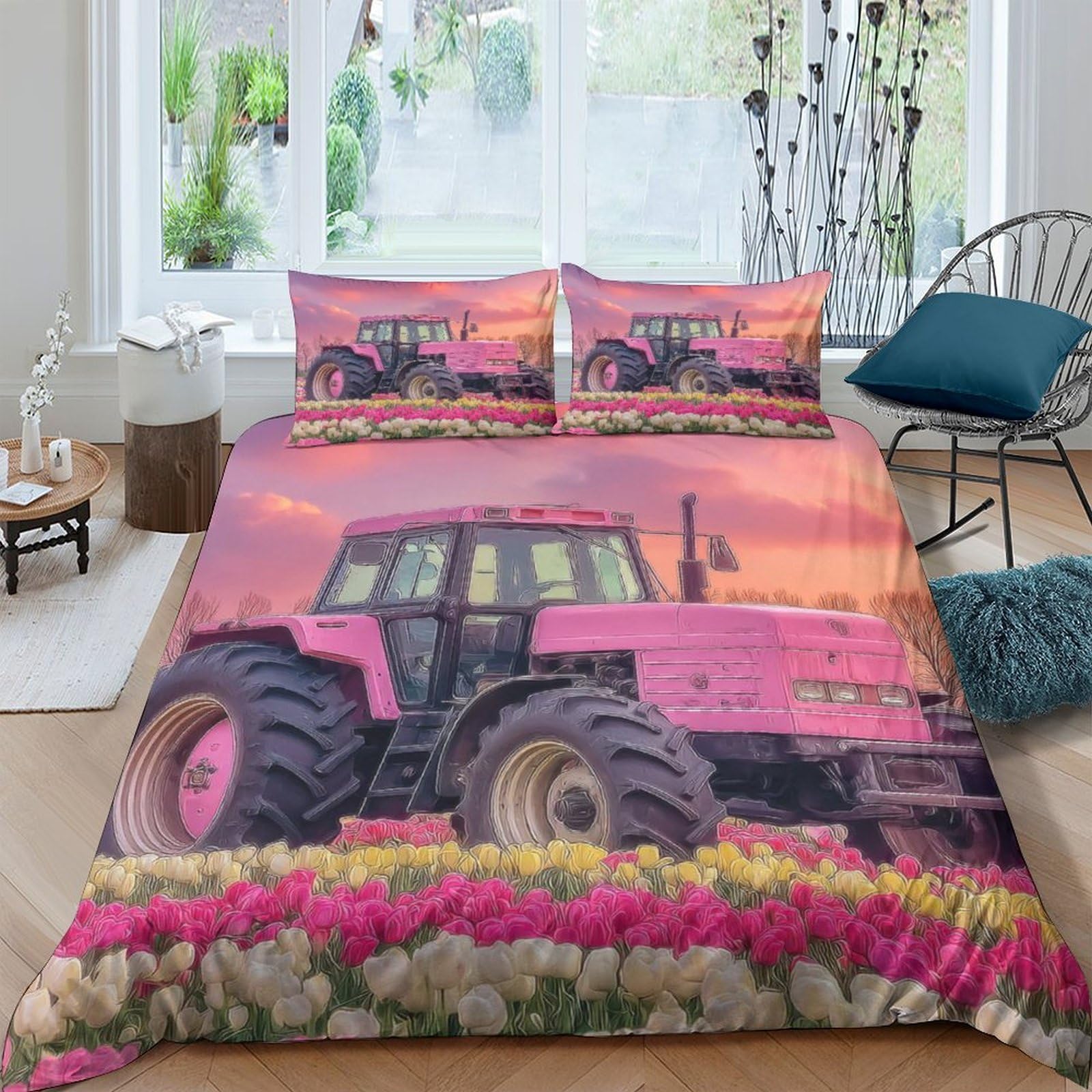 Ctjqhvkz Style-1 3D Printed Pink Tractor Fitted Sheet Microfiber Soft Farm Sunset Bed Cover For Bedroom Guest Room Mattress Protection Single（135X200cm）