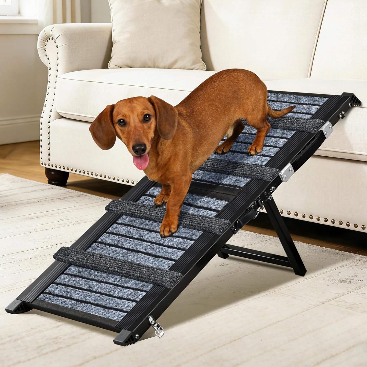Upgraded Dog Ramp for Couch & Bed, Foldable Small Dog Ramp for Sofa Stairs, 4 Adjustable Height from 10” to 20”, Aluminum Portable Stable Pet Steps with Non-Slip Pad, Up to 35 lbs