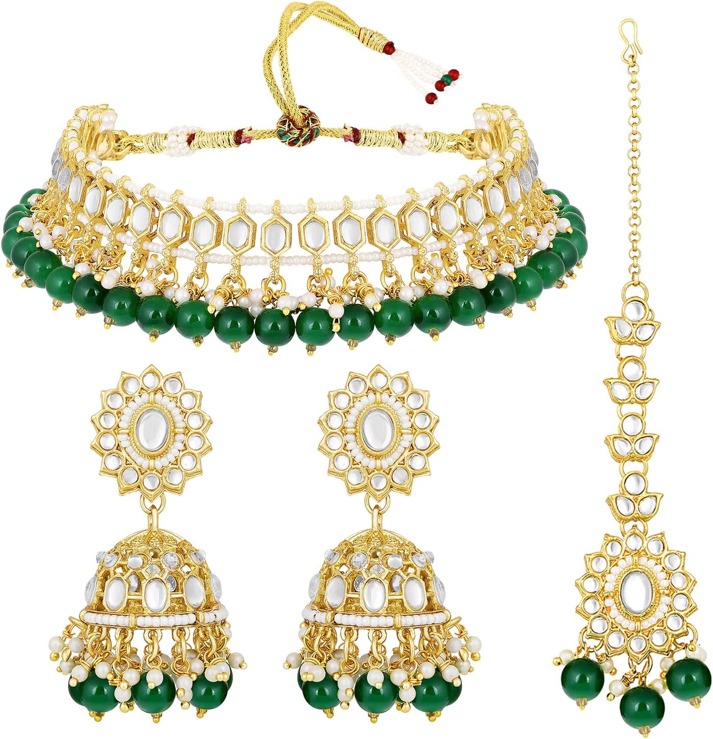 Aheli Kundan Studded Choker Necklace Jhumki Earrings & Maang Tikka Ethnic Fashion Bharatanatyam jewellery set for Women