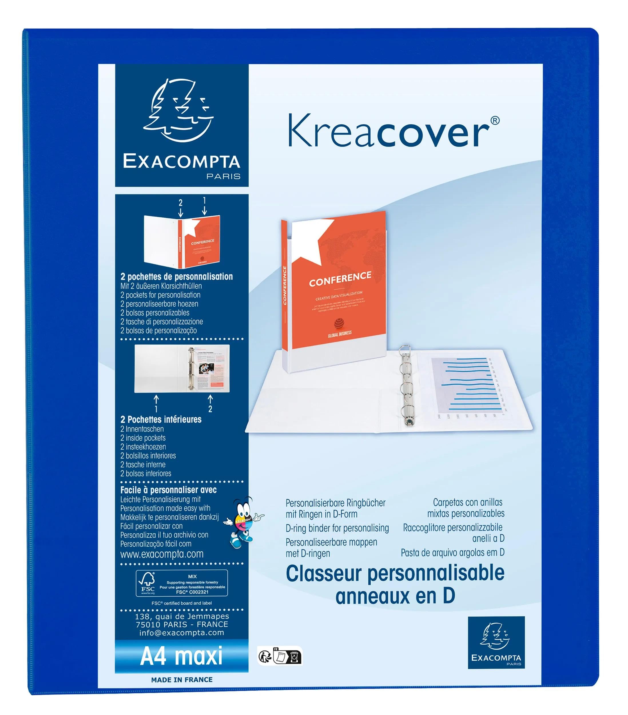 Exacompta - Réf. 51842BE - Carton de 10 classeurs personnalisable 3 poches - 4 anneaux en D de 30 mm - Dos 47 mm - Dimensions extérieures : 32 x 27,7 cm - Format à classer A4 Maxi - Bleu