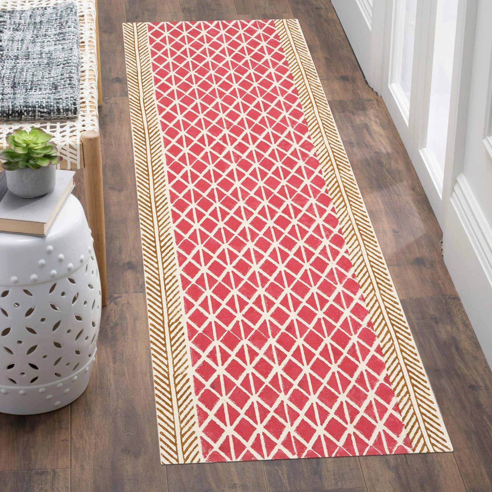 Tappeto per soggiorno, 4 x 8 cm, motivo kilim, a righe, spesso, 0,5 cm, in cotone Dhurrie, lavaggio a mano, tappeto in cotone, per interni ed esterni, per cucina, comodino