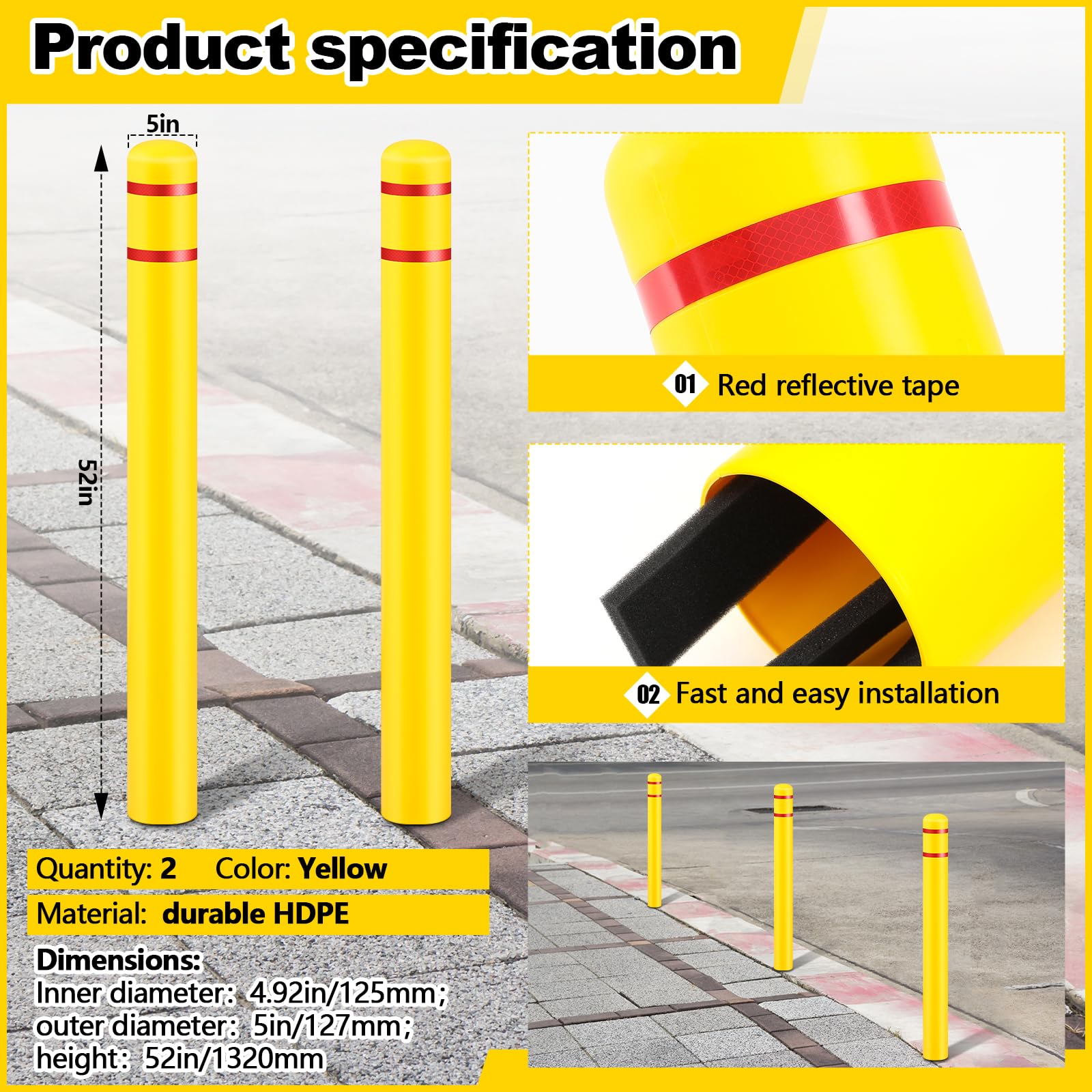 Pangda 2 Pcs Flat Top Bollard Covers Yellow and Red Bollard Post Sleeve for Home Parking Fence Pole Pipe (5