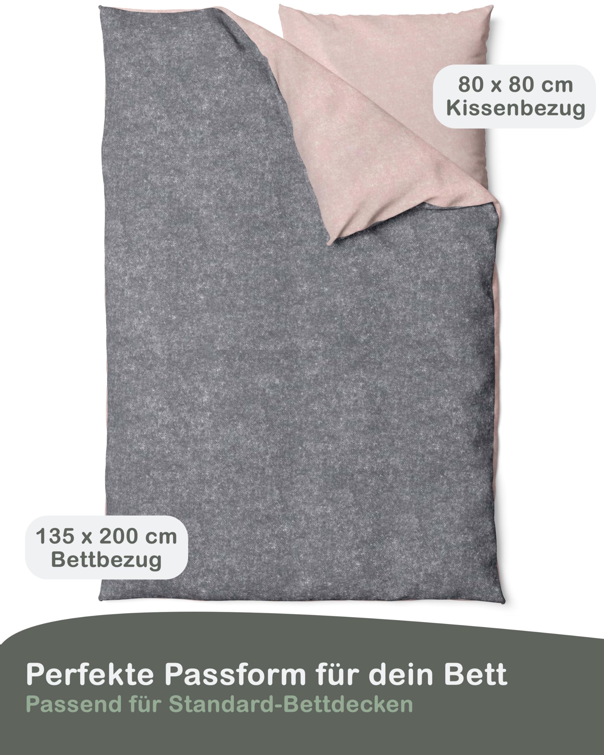 LINKHOFF Ropa de cama de franela de 135x200 cm, 2 piezas, certificado Öko-Tex,funda de almohada de 80x80 cm + funda nórdica de 135x200 cm (rosa antiguo/antracita)