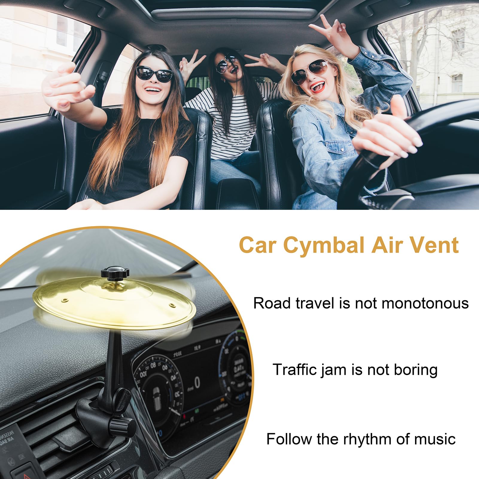 Mini Car Drum Cymbal For Car Air Vent (Gold) – Crash Cymbal Dashboard Ornament Accessory for Musicians, Drummers, Music Lovers – Funny Auto Interior Gift for Men Women Teens
