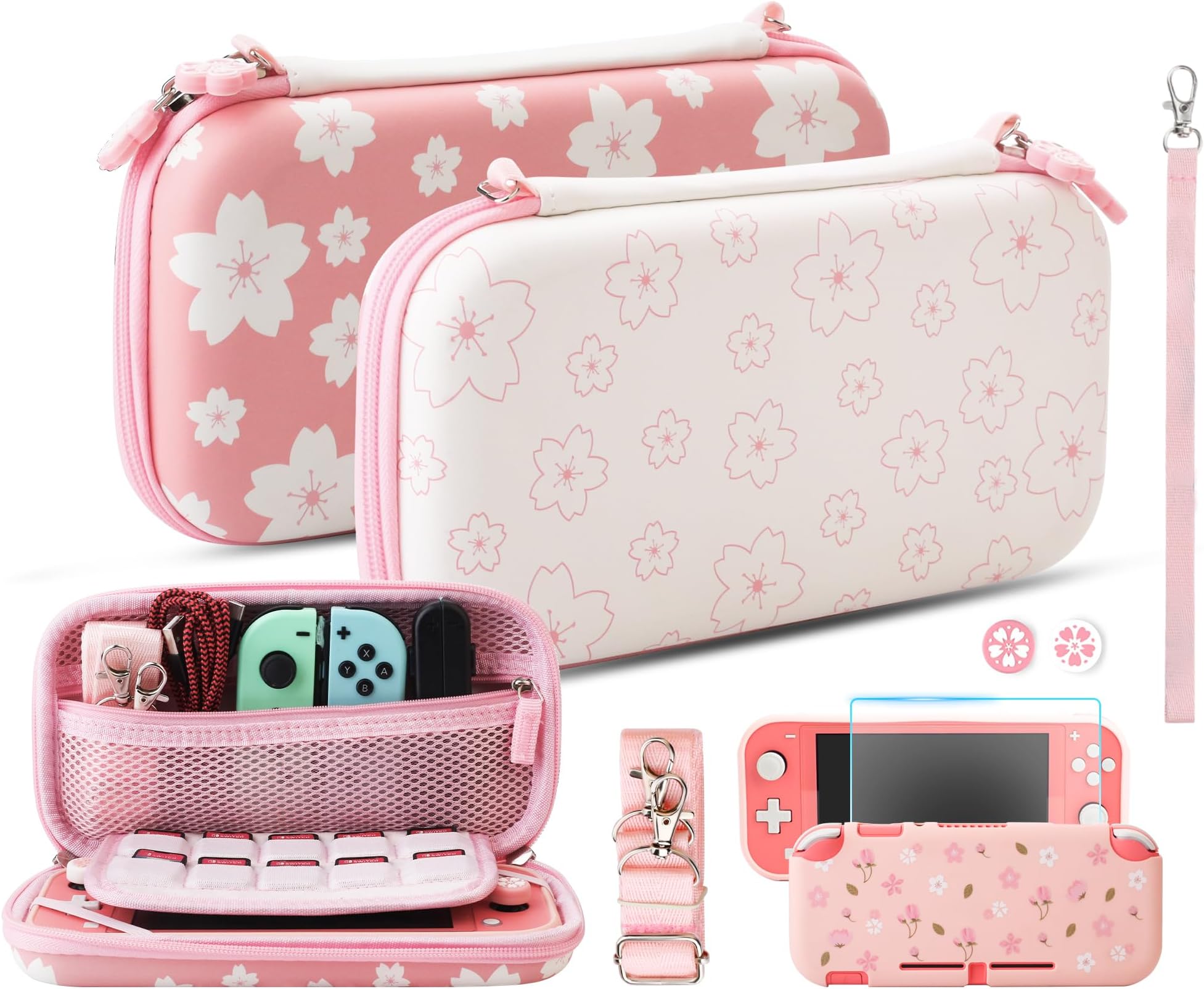 HYPERCASE Pink Sakura Carrying Case for Nintendo Switch Lite, Girly Accessories Bundle kit with Switch Lite Protective Cover, HD Screen Protector, 2 Cute Thumb Caps, Hand Strap & Shoulder Strap