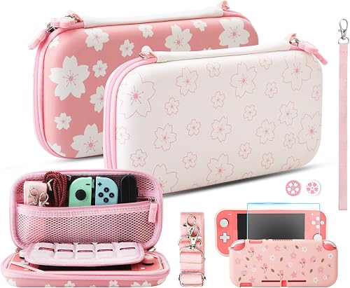 HYPERCASE Pink Carrying Case for Nintendo Switch Lite, Travel Case Set with Cherry Blossom Protective Cover, Glass Screen Protector, Cute Thumb Grip Caps, Coral Hand Strap and Shoulder Strap
