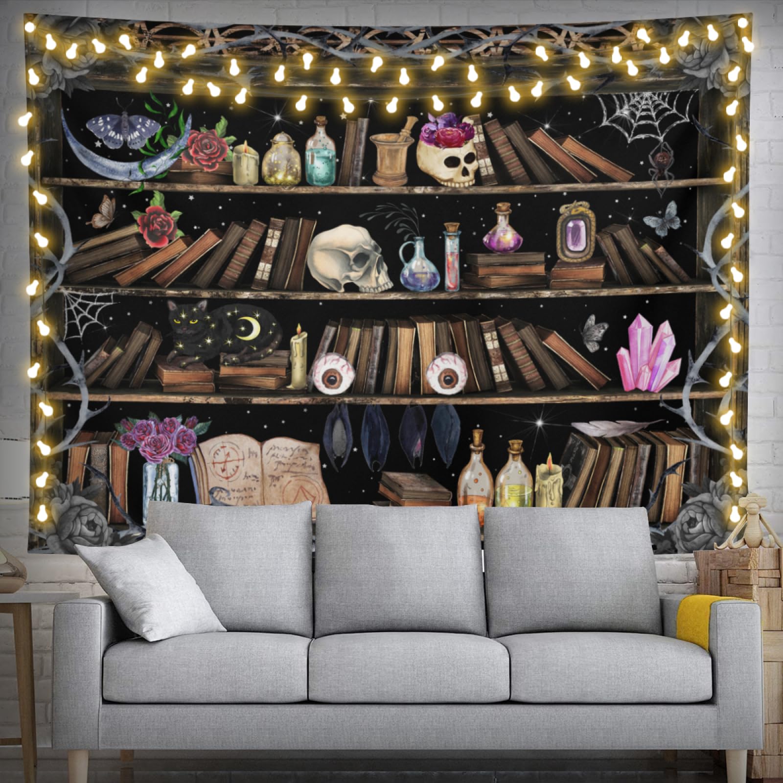 Magic Bookshelf Magical Library Tapestry 60" X 40" Gothic Witchy Wall Hanging Party Decorations Home Decor For Bedroom Living Room Dorm (150 X 100cm)