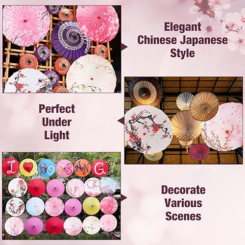 Miniatura 7 de Shinylin Paraguas de papel aceitado chino hecho a mano, 12 unidades, de seda de bambú, paraguas chino japonés de 32 pulgadas, 12 pulgadas, flores